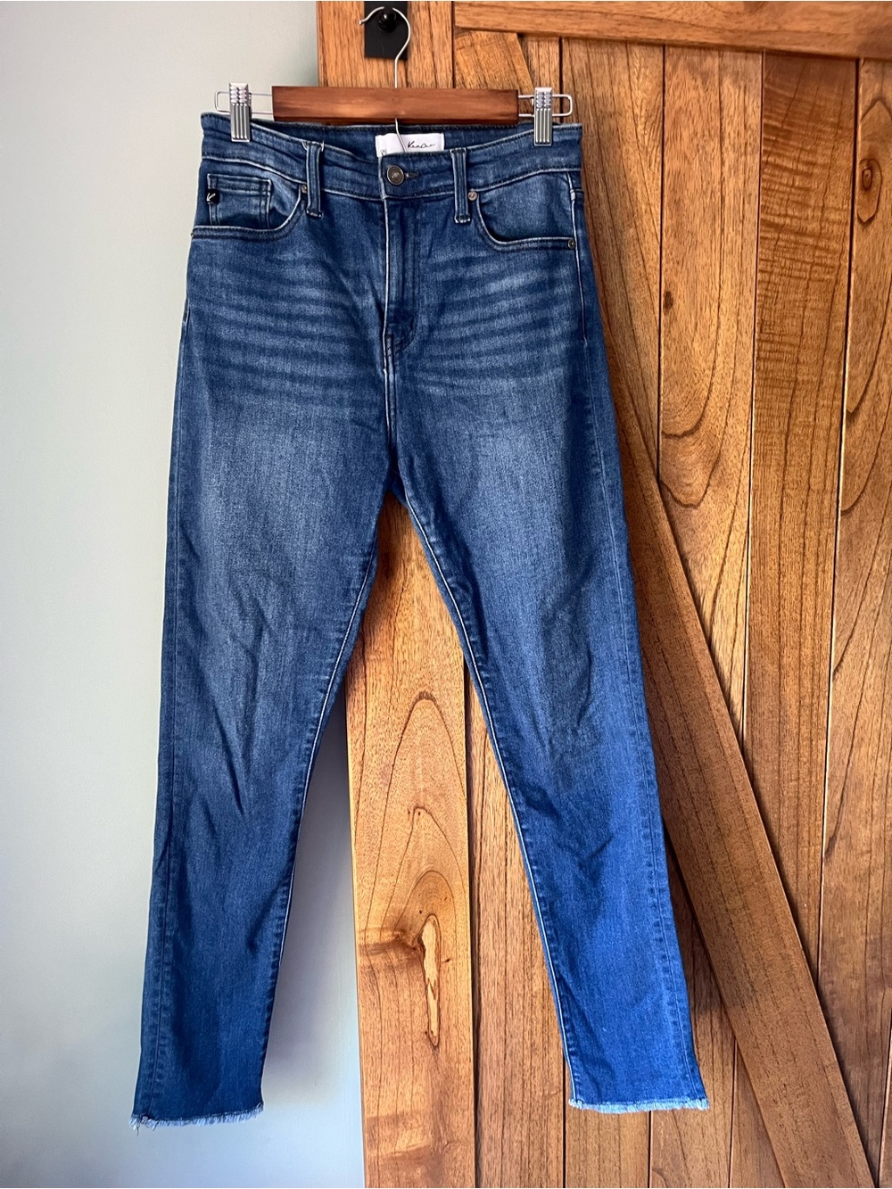 KanCan Women’s Straight Leg Raw Hem Jeans in Dark Blue Wash